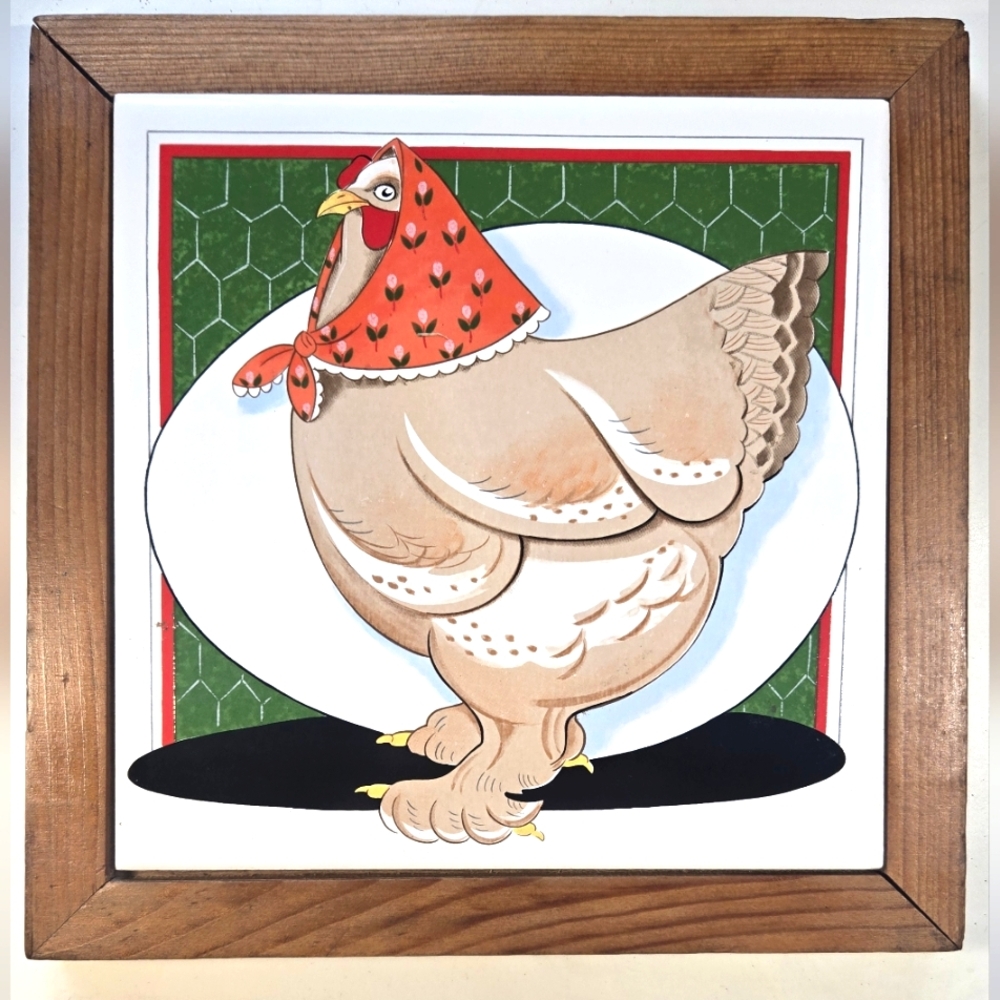 Vandor Chicken Tile Trivet Wall Art with Wood Frame